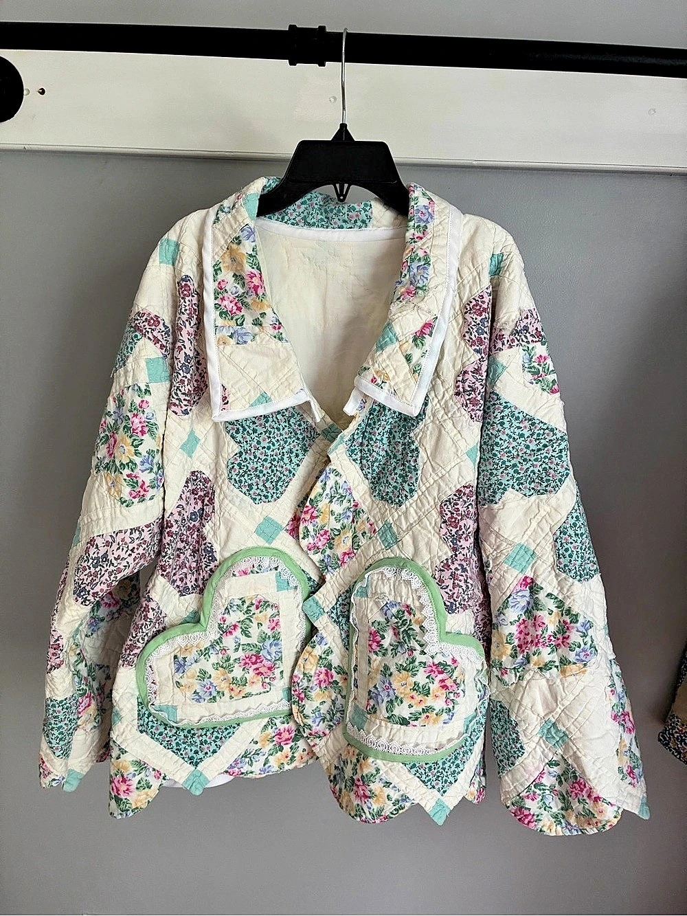 Vintage tattered heart quilt upcycled to a jacket